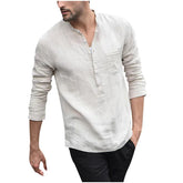Men's Vintage White Linen Shirt - Stand-Up Collar & Short Sleeves - Himpall